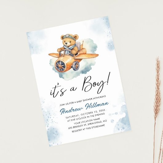 Invitation Boy Watercolor Teddy Bear Baby shower