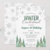 Invitation Boy Winter Onederland Snowflakes Premier anniversa (Devant / Derrière)