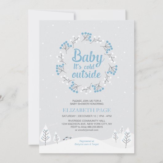 Invitation Boy Winter Wonderland Baby shower, bleu & gris (Devant)