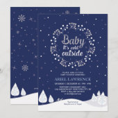 Invitation Boy Winter Wonderland Baby shower, Navy & Silver (Devant / Derrière)