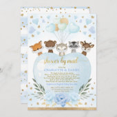 Invitation Boy Woodland Baby shower Par Mail Blue Gold Hearts (Devant / Derrière)