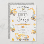 Invitation Boy Yellow Grey Construction Dirty 3rd-y Birthday (Devant / Derrière)