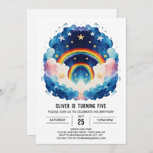 Invitation Boyish Modern Nuages Anniversaire (Devant / Derrière)