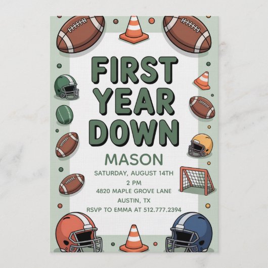 Invitation Boy's 1st Birthday First Year Down - Football Bday (Devant)