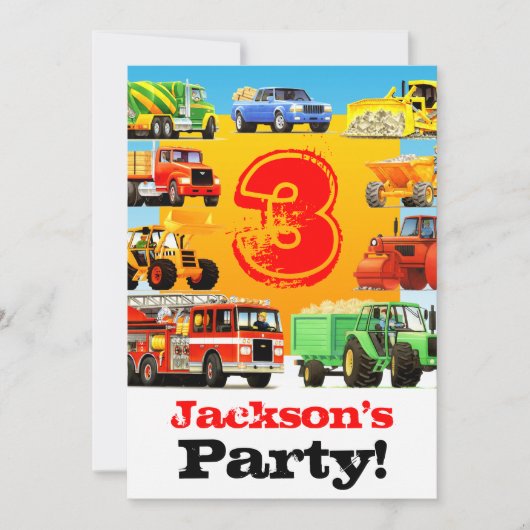 Invitation Boys 3Birthday Construction Truck Party (Devant)