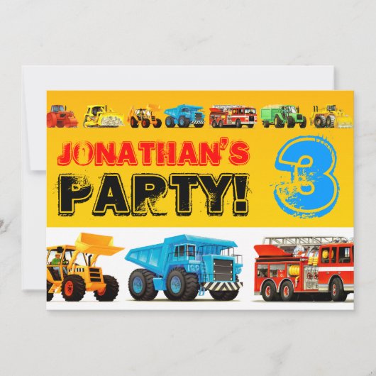 Invitation Boys 3e anniversaire Construction Truck Party (Devant)
