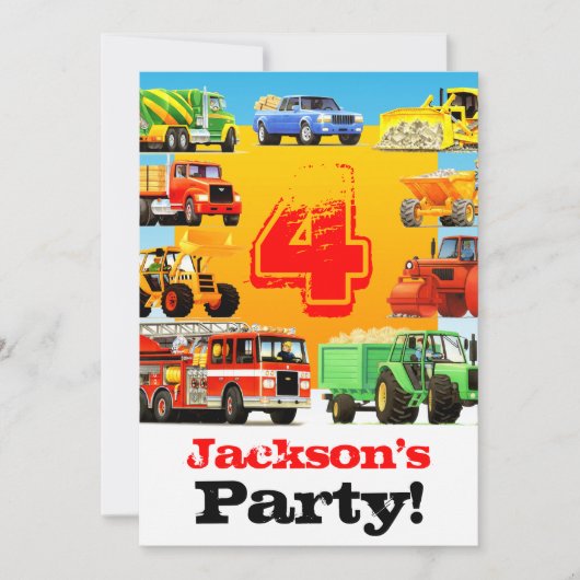 Invitation Boys 4th Birthday Construction Trucks Party (Devant)
