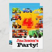 Invitation Boys 4th Birthday Construction Trucks Party (Devant / Derrière)