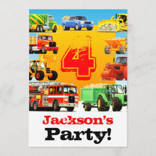 Invitation Boys 4th Birthday Construction Trucks Party