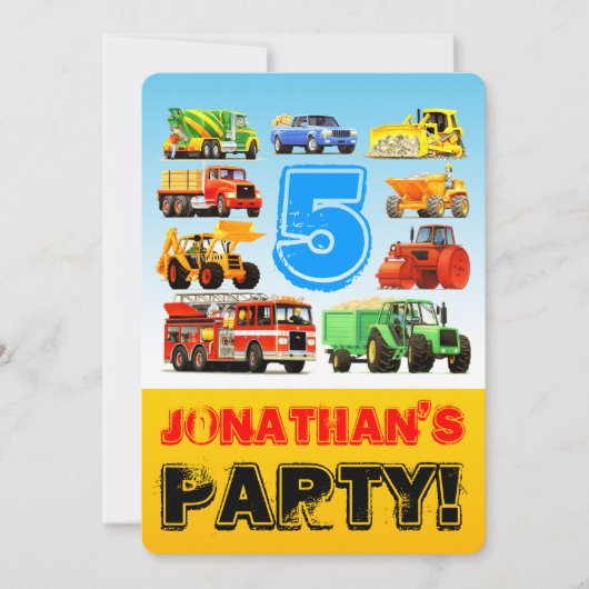 Invitation Boy's 5th Birthday Construction Truck Party (Devant)