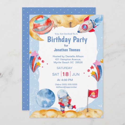 Invitation Boys Astronaut Espace Extérieur Bleu Red Invitatio (Devant / Derrière)
