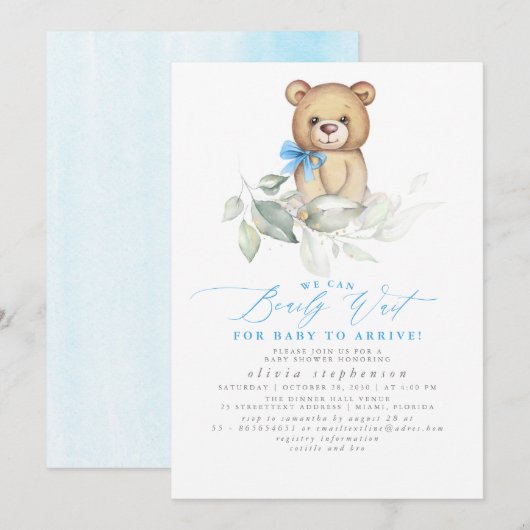 Invitation Boy's Bear Aquarelle Baby shower de verdure (Devant / Derrière)