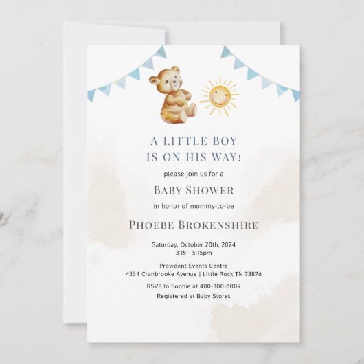 Invitation Boys Bear et Sunshine Baby shower d'aquarelle (Devant)