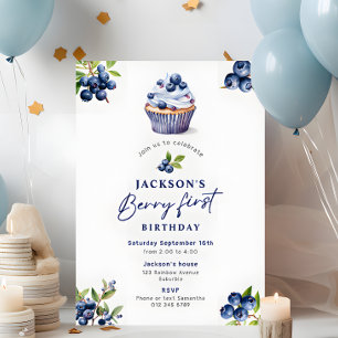 Invitation Boy's Berry First Birthday Watercolor Blueberries