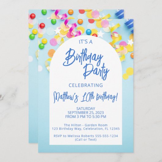 Invitation Boys Blue Birthday Party (Devant / Derrière)