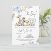 Invitation Boys Blue Boho Floral Baby shower Safari (Debout devant)