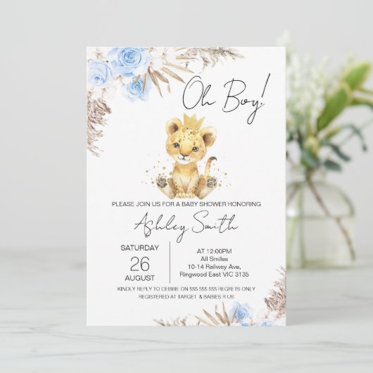 Invitation Boys Blue Boho Floral Lion Baby shower (Debout devant)