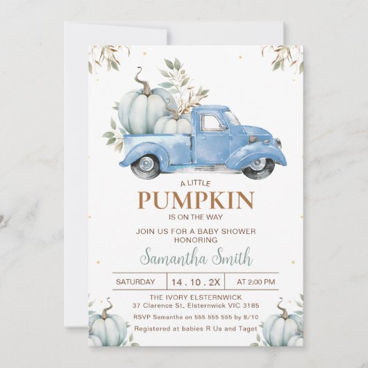 Invitation Boys Blue Citrouille Camion Baby shower Foliage (Devant)