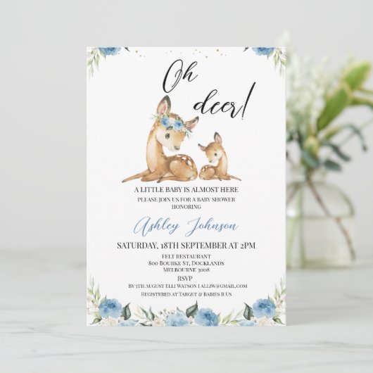 Invitation Boys Blue Floral Oh Deer Baby shower (Debout devant)