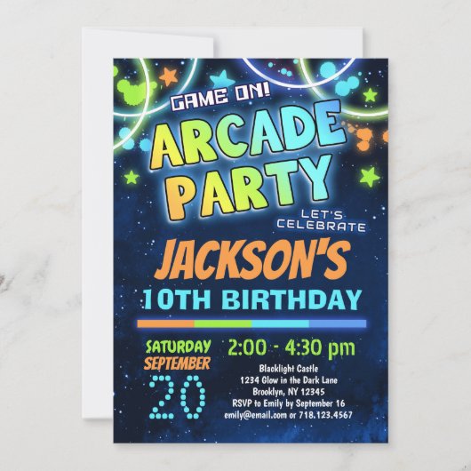Invitation Boys Blue Green Arcade Party Anniversaire Invitati (Devant)