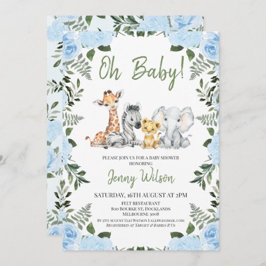 Invitation Boys Blue Rose Foliage Safari Baby shower (Devant / Derrière)