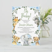 Invitation Boys Blue Rose Safari Animaux Baby shower (Debout devant)