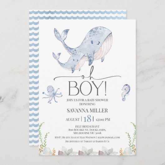 Invitation Boys Blue Under Sea Whale Calf Baby shower (Devant / Derrière)