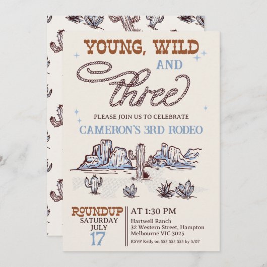 Invitation Boys Blue Western Young Wild Three 3e anniversaire (Devant / Derrière)