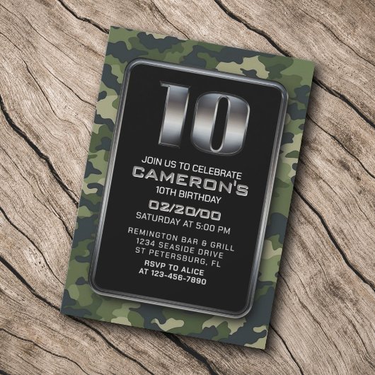 Invitation Boys Camo Chasse Armée 10e anniversaire
