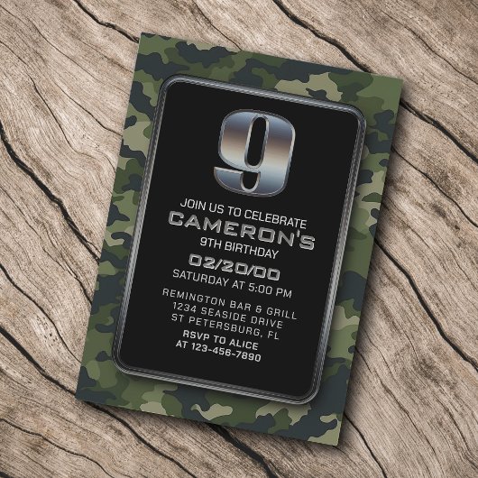 Invitation Boys Camo Chasse Armée 9e anniversaire