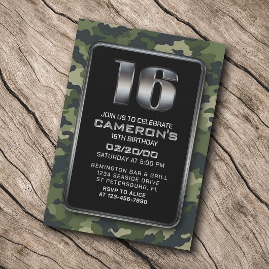 Invitation Boys Camo Hunting Army 16e anniversaire