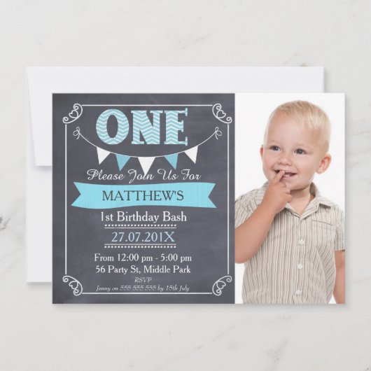 Invitation Boys Chalkboard Bunting 1er anniversaire Invitatio (Devant)