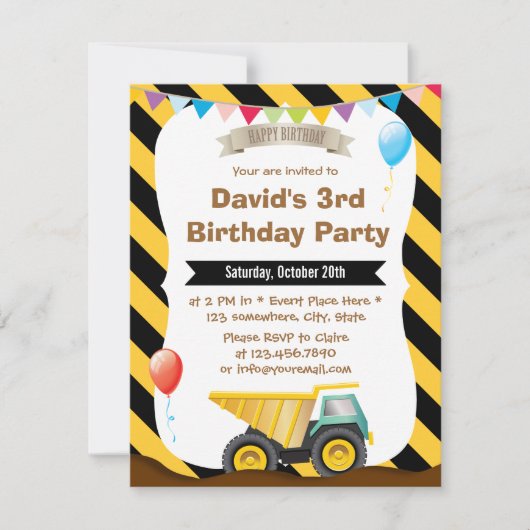 Invitation Boys Construction fête d'anniversaire (Devant)