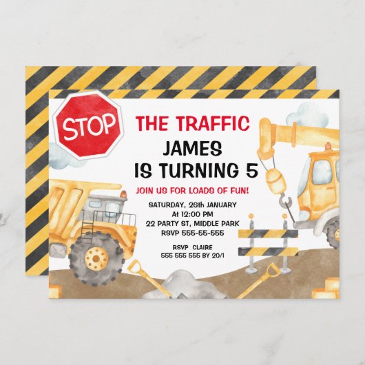 Invitation Boys Construction StopLa Circulation Anniversaire (Devant / Derrière)