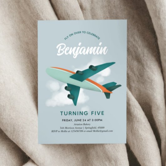 Invitation Boys Cool Blue Avion Voyage 5e anniversaire