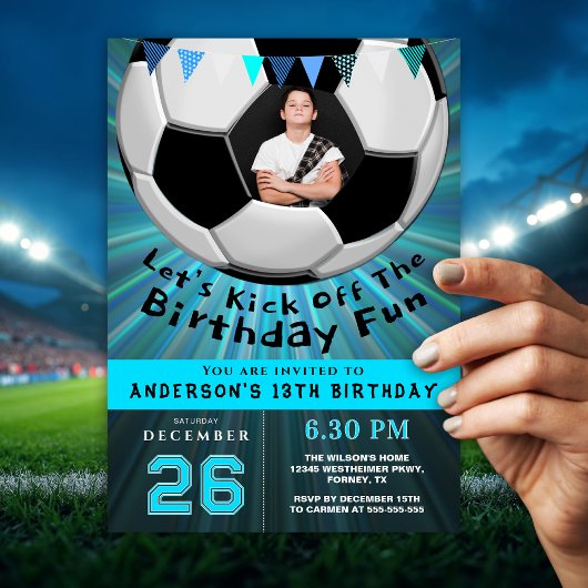 Invitation Boys Cool Blue Sporty Custom Photo Birthday