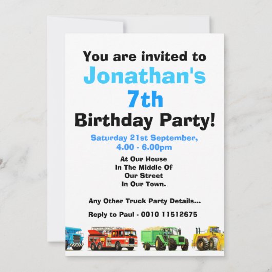 Invitation Boys Custom Construction Camion 7e fête d'annivers (Dos)