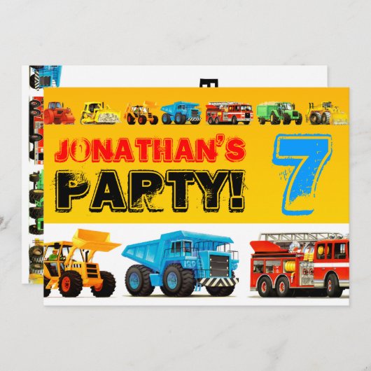 Invitation Boys Custom Construction Camion 7e fête d'annivers (Devant / Derrière)
