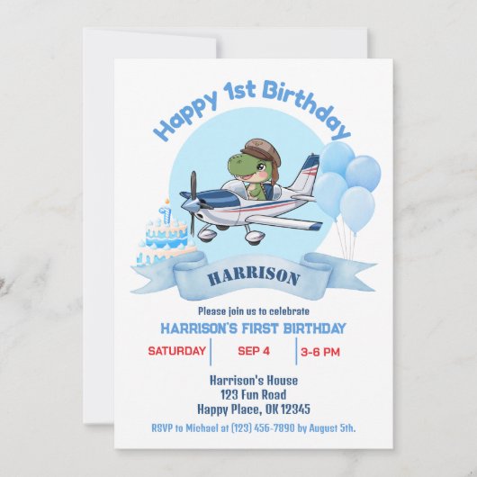 Invitation Boys Cute Blue Avion Dinosaur Enfants 1er annivers (Devant)