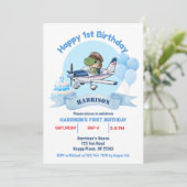 Invitation Boys Cute Blue Avion Dinosaur Enfants 1er annivers (Debout devant)