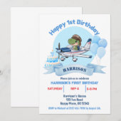 Invitation Boys Cute Blue Avion Dinosaur Enfants 1er annivers (Devant / Derrière)
