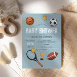 Invitation Boys Cute Blue Sports Baby shower<br><div class="desc">Ce jeune garçon moderne et mignon baby shower invitation design dispose d'un motif de dessins animés de sports bleus, avec un basket, football, ballon de football, raquette de tennis, trophée et étoiles. L'invitation peut être personnalisé avec le nom du parent et d'autres détails nécessaires à votre fête. L'addition sportive parfaite...</div>