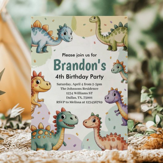 Invitation Boys Cute Dinosaur 4e anniversaire
