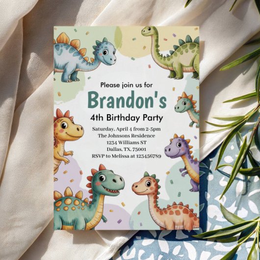 Invitation Boys Cute Dinosaur 4e anniversaire