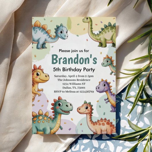 Invitation Boys Cute Dinosaur 5e anniversaire