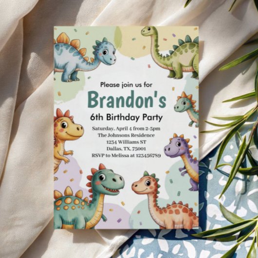Invitation Boys Cute Dinosaur 6e anniversaire