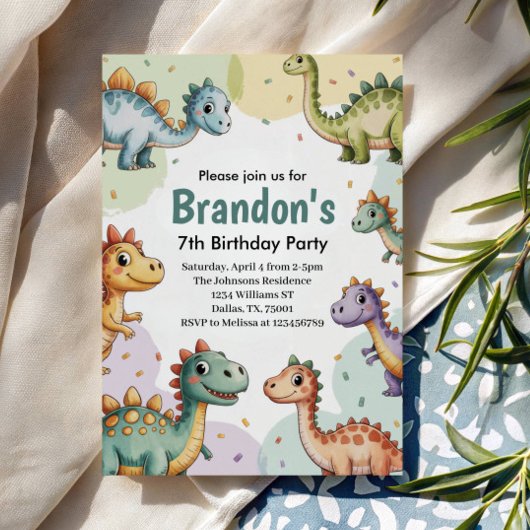 Invitation Boys Cute Dinosaur 7e anniversaire