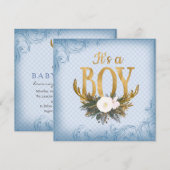 Invitation Boys Deer Antler Baby shower Bleu et Or (Devant / Derrière)