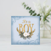 Invitation Boys Deer Antler Baby shower Bleu et Or (Debout devant)