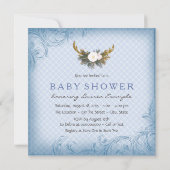 Invitation Boys Deer Antler Baby shower Bleu et Or (Dos)